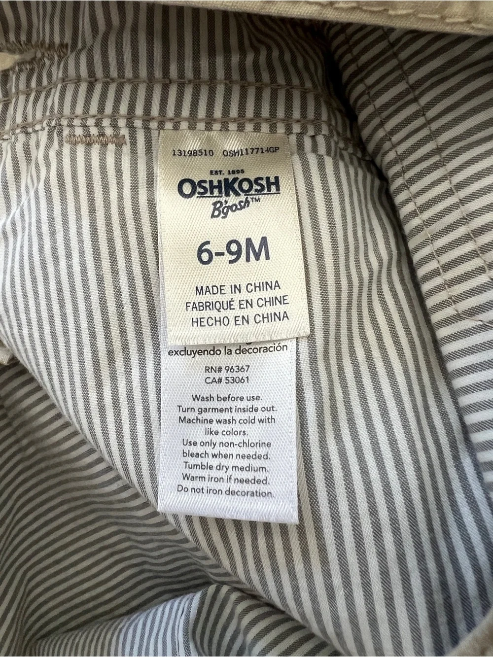OshKosh B’gosh Baby Overalls 6-9M Khaki Cotton Cargo Convertible Adjustable